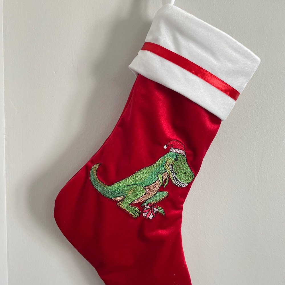 Handcrafted child or adult 17 inch T Rex Christmas stocking in red velvet